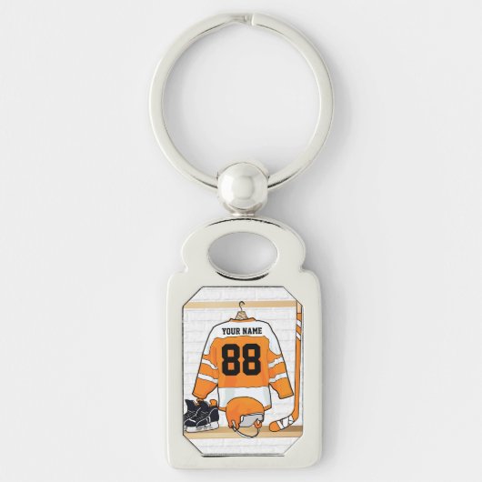 Personalisiertes orange und weißes Eis-Hockey Schlüsselanhänger (Vorderseite)