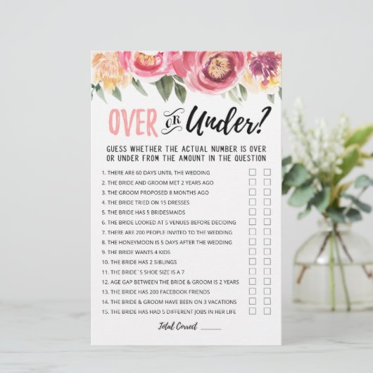 Personalisiertes Over-oder Under-Brautparty-Spiel (Stehend Vorderseite)