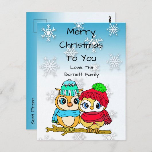 Personalisiertes Owl Couple auf dem Zweig Baum Wei Postkarte (Vorne/Hinten)