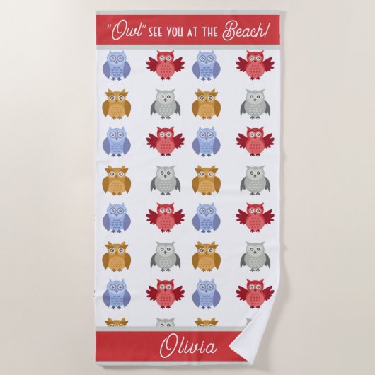 Personalisiertes Owl sieht Sie am Strand Strandtuch (Vorderseite)
