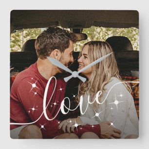 Personalisiertes Paar-Foto-Liebe-Schrift-Sparkling Quadratische Wanduhr