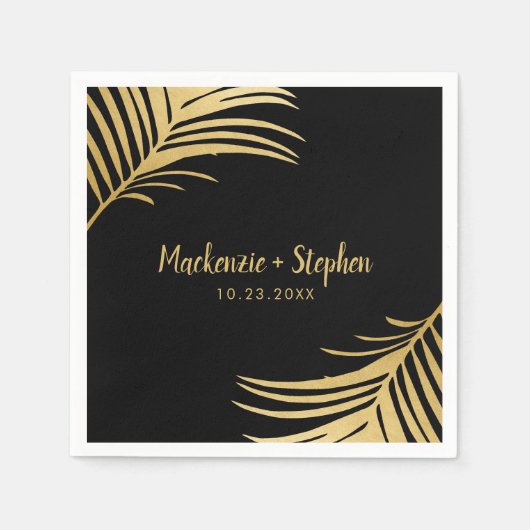 Personalisiertes Palmblätterblatt aus Gold und Sch Serviette (Vorderseite)