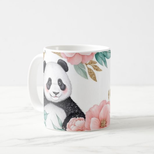 Personalisiertes Panda mit Blumenrahmen Kaffeetasse (Vorderseite Links)