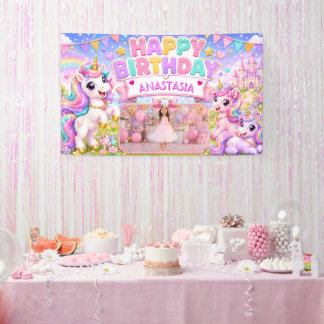 Personalisiertes Pastell-Einhorn-Foto-Geburtstagsb Banner