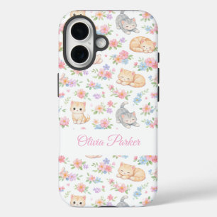Personalisiertes Pastell-Kätzchen und Blumennamen- iPhone 16 Hülle