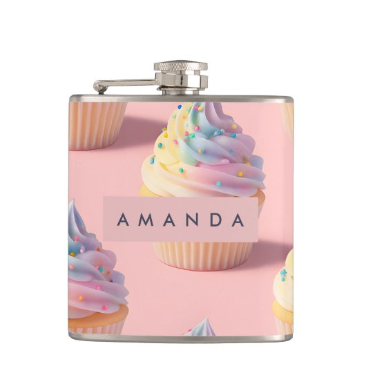 Personalisiertes Pastell Rainbow Cupcake Muster Flachmann (Vorderseite)