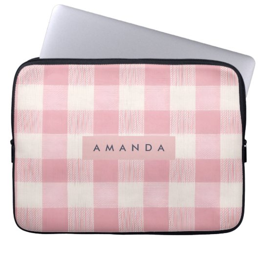 Personalisiertes Pastell-Rosa Gingham Laptopschutzhülle (Vorderseite)