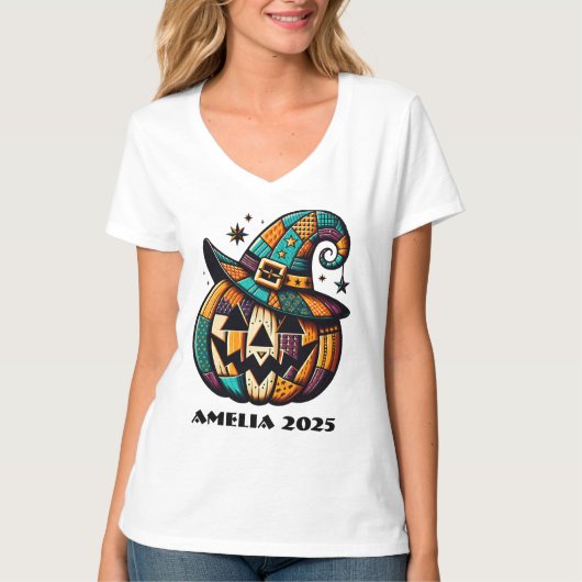Personalisiertes Patchwork Pumpen Halloween T-Shirt (Vorderseite)
