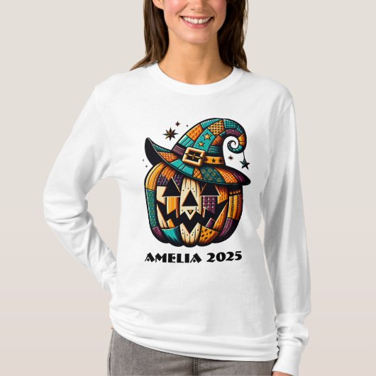 Personalisiertes Patchwork Pumpen Halloween T-Shirt (Vorderseite)