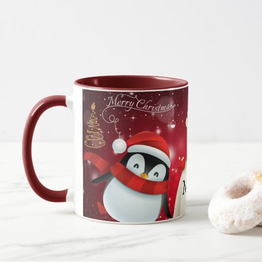 PERSONALISIERTES PENGUIN & BEAR MERRY CHRISTMAS KA TASSE (Mit Donut)