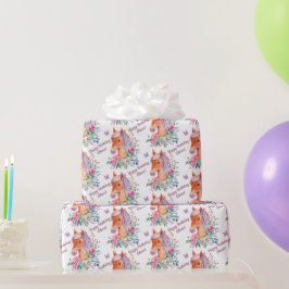 Personalisiertes Pferd mit Blume zum Geburtstag Geschenkpapier