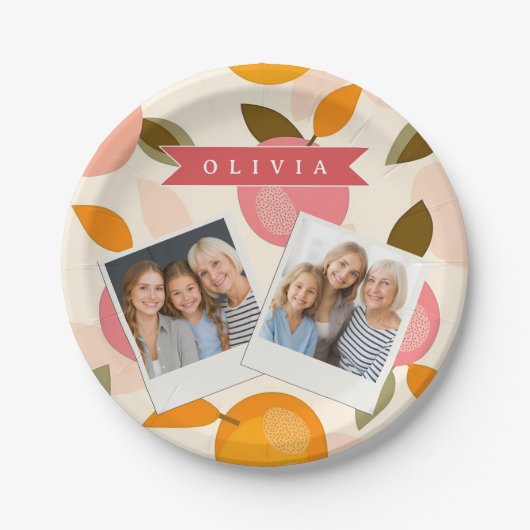 Personalisiertes Pfirsich-Muster Süß Retro Sommer Pappteller (Vorderseite)
