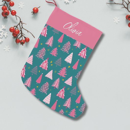 Personalisiertes Pink & Green Weihnachtsbaummuster Kleiner Weihnachtsstrumpf