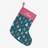 Personalisiertes Pink & Green Weihnachtsbaummuster Kleiner Weihnachtsstrumpf (Vorderansicht (hängend))