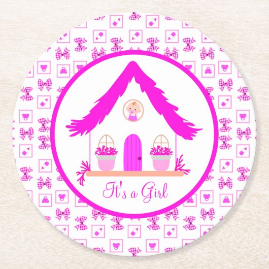 Personalisiertes Pink House Es ist ein Mädchen Runder Pappuntersetzer (Vorderseite)