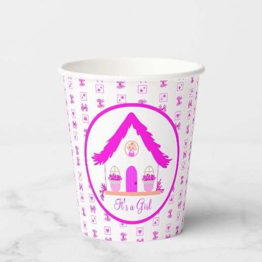 Personalisiertes Pink House Es ist eine Girl Baby Pappbecher (Rückseite)