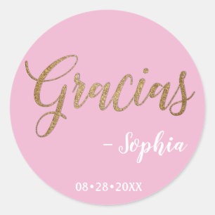 Personalisiertes Pink und Gold Gracias Script Runder Aufkleber