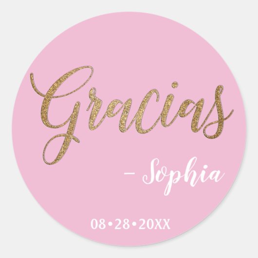Personalisiertes Pink und Gold Gracias Script Runder Aufkleber (Vorderseite)