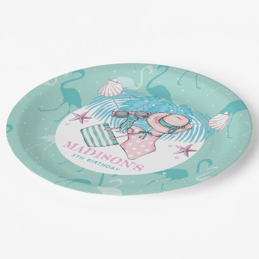 Personalisiertes Pool Party Rosa Türkis Pappteller (Schrägansicht)