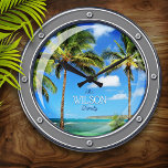Personalisiertes Porthole zum Paradies Uhr<br><div class="desc">Tropisches,  nautisches Thema personalisierte "Bullauge-Wanduhr".</div>