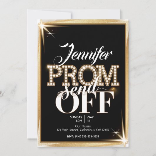 Personalisiertes PROM SEND-OFF Elegantes Schwarz u Einladung (Vorderseite)