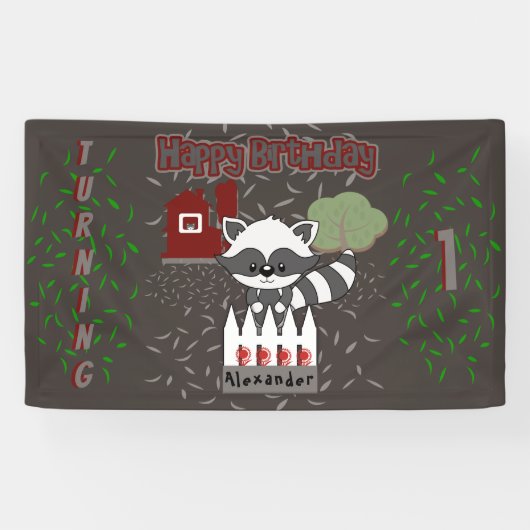 Personalisiertes Raccoon Tierthema Geburtstagspart Banner (Horizontal)