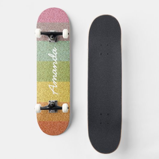 Personalisiertes Rainbow Glitzer Skateboard mit Na (Vorderseite)
