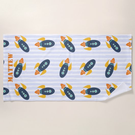 Personalisiertes Raketenschiff Muster Blau Orange  Strandtuch (Vorderseite)