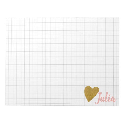 Personalisiertes Raster Graph Paper Gold Heart Notizblock (Vorderseite)