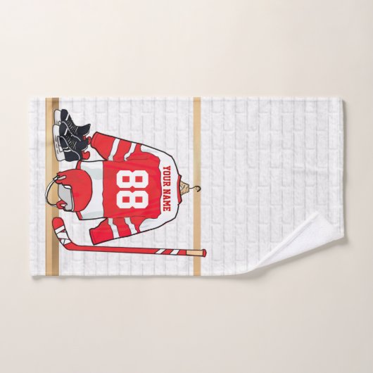 Personalisiertes Red and White Ice Hockey Jersey Badhandtuch Set (Handtuch)