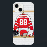 Personalisiertes Red and White Ice Hockey Jersey Case-Mate iPhone Hülle<br><div class="desc">Ein einzigartiges und lustiges Sportdesign mit einem personalisierten Eishockey-Trikot, das in einem Spind-Raum mit Helm, Eis-Skaten und Hockeystick hängt. Das Jersey kann mit der Anzahl und dem Namen Ihrer Wahl personalisiert sein, um ein tolles Geschenk für jeden Eishockeyfan, Eishockeytrainer oder Eishockeyspieler zu machen. Andere Farben sind in unserem Shop erhältlich...</div>