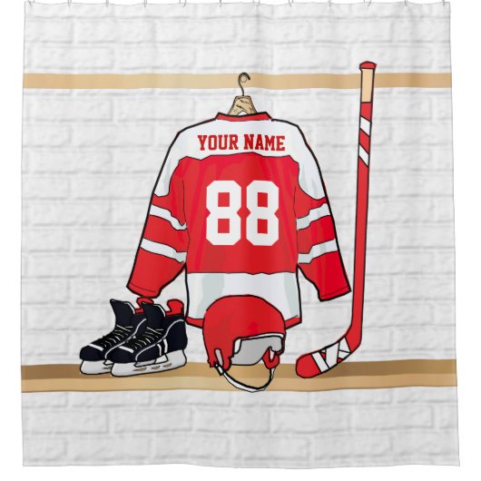 Personalisiertes Red and White Ice Hockey Jersey Duschvorhang (Vorderseite)