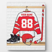 Personalisiertes Red and White Ice Hockey Jersey Fotoplatte (Vorderseite)