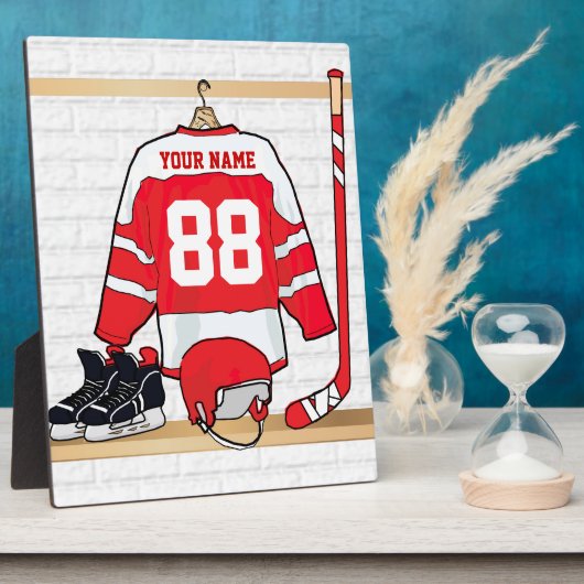 Personalisiertes Red and White Ice Hockey Jersey Fotoplatte (Seite)