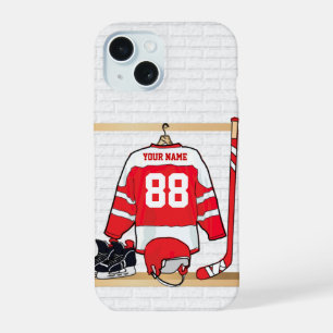 Personalisiertes Red and White Ice Hockey Jersey iPhone 15 Hülle