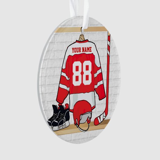 Personalisiertes Red and White Ice Hockey Jersey Ornament (Vorderseite)