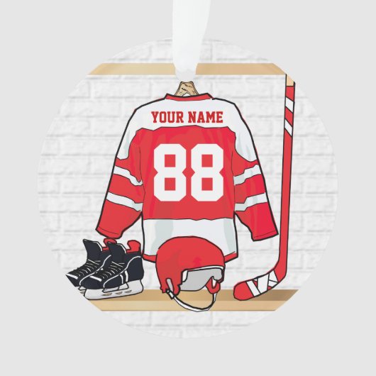 Personalisiertes Red and White Ice Hockey Jersey Ornament (Vorderseite)