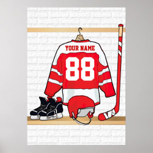 Personalisiertes Red and White Ice Hockey Jersey Poster
