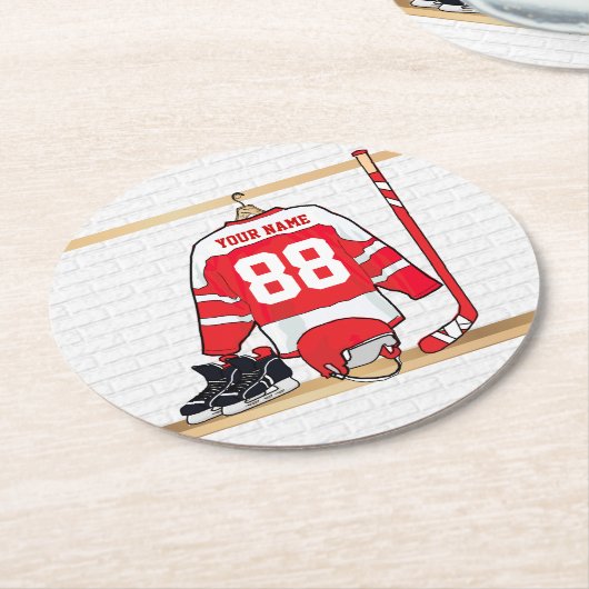 Personalisiertes Red and White Ice Hockey Jersey Runder Pappuntersetzer (Angewinkelt)