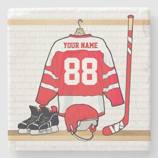 Personalisiertes Red and White Ice Hockey Jersey Steinuntersetzer (Vorderseite)