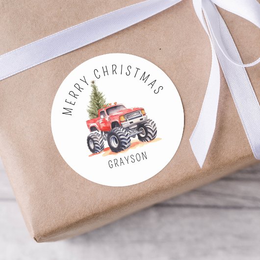 Personalisiertes Red Monster Truck Weihnachtsgesch Runder Aufkleber