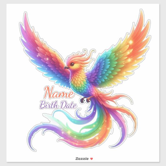 Personalisiertes Regenbogen-Phönix-Name-Geburtsdat Aufkleber (Blatt)