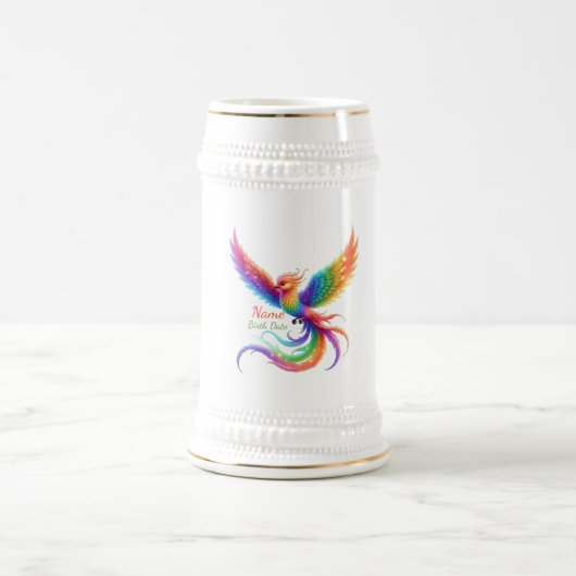 Personalisiertes Regenbogen-Phönix-Name-Geburtsdat Bierglas (Mittel)