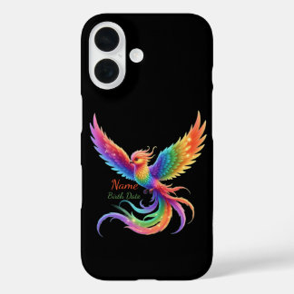 Personalisiertes Regenbogen-Phönix-Name-Geburtsdat iPhone 16 Hülle