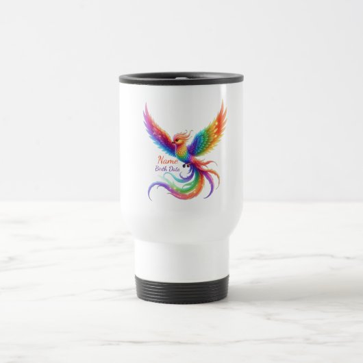 Personalisiertes Regenbogen-Phönix-Name-Geburtsdat Reisebecher (Mittel)