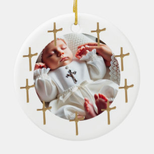 Personalisiertes religiöses Foto Baby Golden Cross Keramik Ornament