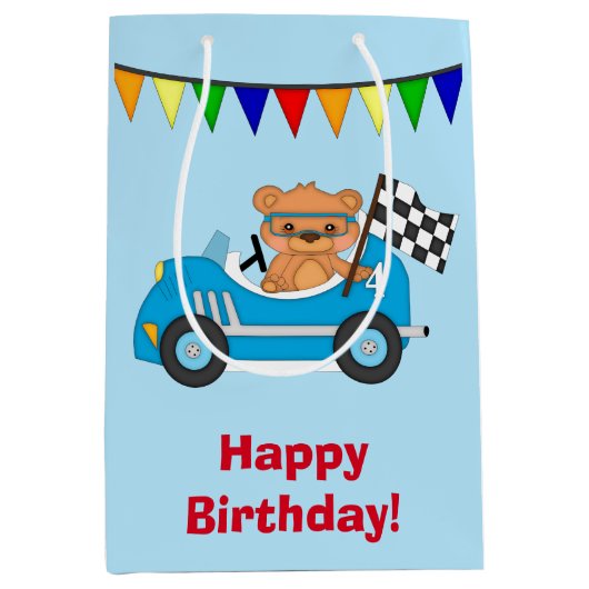 Personalisiertes Rennen-Auto und Bär Mittlere Geschenktüte (Vorderseite)