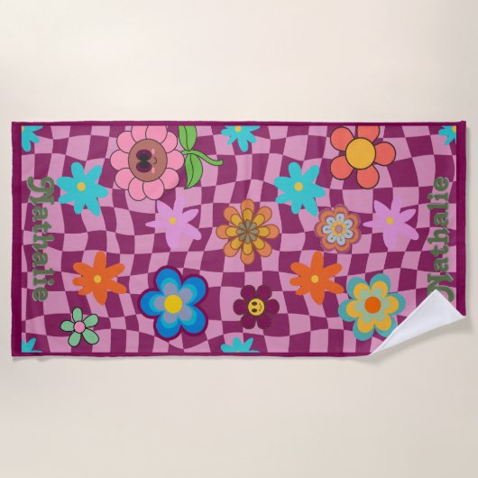 Personalisiertes Retro Beach Handtuch | Blumengesc (Vorderseite)
