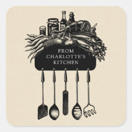 Personalisiertes Retro Black Cream Kitchen Label Quadratischer Aufkleber