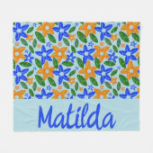 Personalisiertes Retro Blau & Orange Floral  Fleecedecke (Vorderseite (Horizontal))
